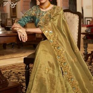 Golden and Teal Pre-Stitched Saree With Blouse Festival Wear